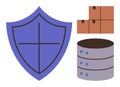 Shield, Database, and Cardboard Boxes Representing Security, Storage, and Logistics Concepts Royalty Free Stock Photo