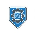 Blue shield-like emblem featuring a gray gear encircling a microchip with circuit Royalty Free Stock Photo