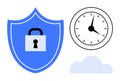 Security Shield with Lock, Analog Clock, and Cloud Representing Time and Data Protection Royalty Free Stock Photo