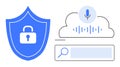 Cybersecurity Shield with Lock, Cloud Storage, Voice Recognition, and Search Bar Elements Royalty Free Stock Photo