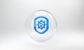 Blue Shield protecting from virus, germs and bacteria icon isolated on grey background. Immune system concept. Corona Royalty Free Stock Photo