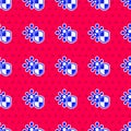 Blue Shield protecting from virus, germs and bacteria icon isolated seamless pattern on red background. Immune system Royalty Free Stock Photo