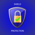 Blue shield protection icon. padlock with lock and green check. Security for online protection against cybercrime and hackers Royalty Free Stock Photo