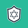 Blue Shield with Star of David icon isolated on green background. Jewish religion symbol. Symbol of Israel. Vector Royalty Free Stock Photo