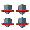 Blue shields set with red ribbons. Protection emblems. Security symbols Royalty Free Stock Photo