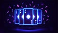 Blue shine neon casino playing cards with poker chips in dark empty scene. Spade Royal Flush