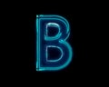 Blue polished neon light glow glassy crystal font - letter B isolated on black background, 3D illustration of symbols Royalty Free Stock Photo