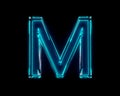 Blue polished neon light glow reflective transparent font - letter M isolated on black background, 3D illustration of symbols Royalty Free Stock Photo