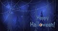 Blue shining Halloween card with spiderweb and creepy forest Royalty Free Stock Photo