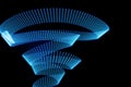 Blue shining neon wave of light as funnel or swirl with dotted stripes on black background