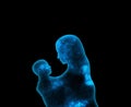 Blue shining star universe in the shape of a mother and a baby child on a black background