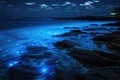 blue shining water in the sea bioluminescence AI generated