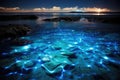 blue shining water in the sea bioluminescence AI generated