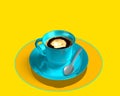 Blue shinny blue coffee cup on light yellow background. Digital mobil smart table. With silver spoon turquoise