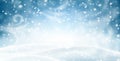 Blue shiny banner with winter landscape, snow and blizzard. Royalty Free Stock Photo