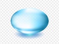 Blue shiny capsule with mineral oils and vitamins. Glossy oval bubble isolated on transparent background.