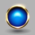 Blue shiny circle blank button with gold metallic frame, vector element for web Royalty Free Stock Photo