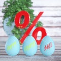 Blue Shiny Easter Eggs with Happy Easter Sale Sign with Red Percent Sign on a Wooden Board Table. 3d Rendering Royalty Free Stock Photo