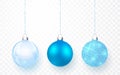 Blue shiny glitter glowing and transparent Christmas balls. Xmas glass ball on transparent background. Holiday decoration template Royalty Free Stock Photo