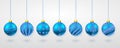 Blue shiny glitter glowing and transparent Christmas balls. Xmas glass ball. Holiday decoration template. Vector illustration Royalty Free Stock Photo