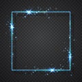 Blue shiny glitter glowing vintage frame with shadows isolated on transparent background. Blue luxury realistic rectangle border.
