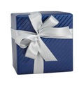 Blue shiny paper wrap gift box white ribbon present christmas birthday isolated Royalty Free Stock Photo