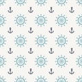 Blue Ship steering wheel and dark blue anchor icon isolated seamless pattern on gray background. Vector Royalty Free Stock Photo