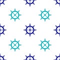 Blue Ship steering wheel icon isolated seamless pattern on white background. Vector Royalty Free Stock Photo