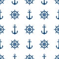 Blue ship wheel and anchor seamless pattern print. Marine vector seamless pattern design. Nautical print