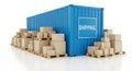 A blue shipping container with boxes stacked on pallets ready for transport and logistics services Royalty Free Stock Photo