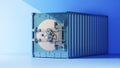 Blue shipping container with safe door