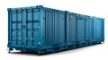 Blue shipping container on wheels with multiple doors and locking mechanisms, positioned on a white background Royalty Free Stock Photo