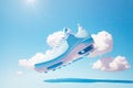Blue shoes fly on clouds, soft walking concept ai generative Royalty Free Stock Photo