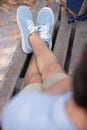 blue shoes on guy in studio close up