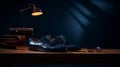Blue Leather Shoes On Wooden Table: Realistic Chiaroscuro Lighting And Italianate Flair