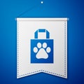 Blue Shopping bag pet icon isolated on blue background. Pet shop online. Animal clinic. White pennant template. Vector