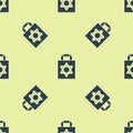 Blue Shopping bag with star of david icon isolated seamless pattern on yellow background. Package sign. Vector Royalty Free Stock Photo