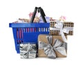 Blue shopping basket with different gifts Royalty Free Stock Photo