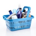 Blue shopping basket filled with products