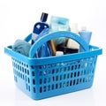 Blue shopping basket filled with products