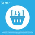 Blue Shopping basket and food icon isolated on blue background. Food store, supermarket. White circle button. Vector Illustration Royalty Free Stock Photo