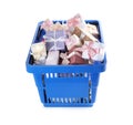 Blue shopping basket with  gifts on white background Royalty Free Stock Photo