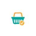 Blue shopping basket with tick sign button. Simple icon isolated on white background Royalty Free Stock Photo
