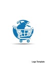 Blue shopping cart integrated with a globe illustration, indicating a Royalty Free Stock Photo