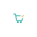 Blue shopping cart with orange tick sign button. Simple icon isolated on white background Royalty Free Stock Photo