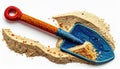 Blue Shovel Resting in Tan Beach Sand with White Background Overhead Lighting Royalty Free Stock Photo