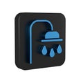 Blue Shower head with water drops flowing icon isolated on transparent background. Black square button. Royalty Free Stock Photo