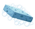 Blue shower sponge. Foam bubbles. Colorful bath icon. Flat illustration isolated on white background
