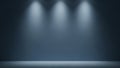 Spotlights illuminating a dark blue stage with a light gray floor and subtle lighting effects creating depth and Royalty Free Stock Photo