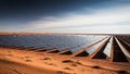 Vast Solar Panel Array Stretching Across Arid Desert Landscape Under a Clear Blue Sky with Wispy Clouds and Rippled Sand Dunes in Royalty Free Stock Photo